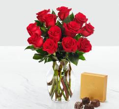 Valentine&#x27;s Red 1 Dozen Long Stem Roses with Chocolate